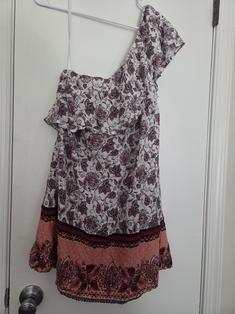 One-Shoulder Floral Boho Dress in White and Burgundy with Peach Border